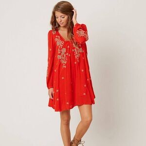 Free People Orange Coral Embroidered Boho Swing Floral Dress Pockets Extra Small